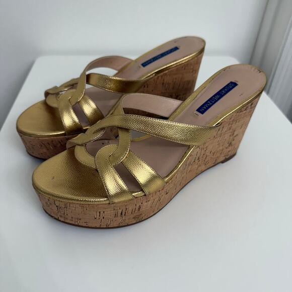 Stuart Weitzman Shoes - Stuart Weitzman Cadence Wedge Sandals Metallic Gold Leather Cork Platform Sz 9